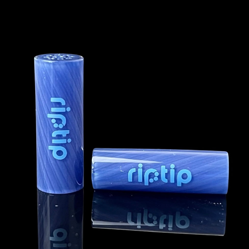Two blue glass tips with the branding 'ripTip' on them, against a black background.