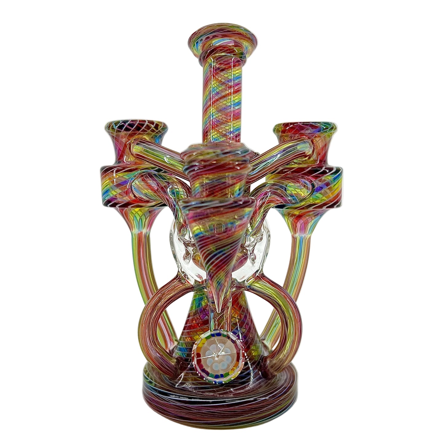 Multicolored glass smoking device on a white background.