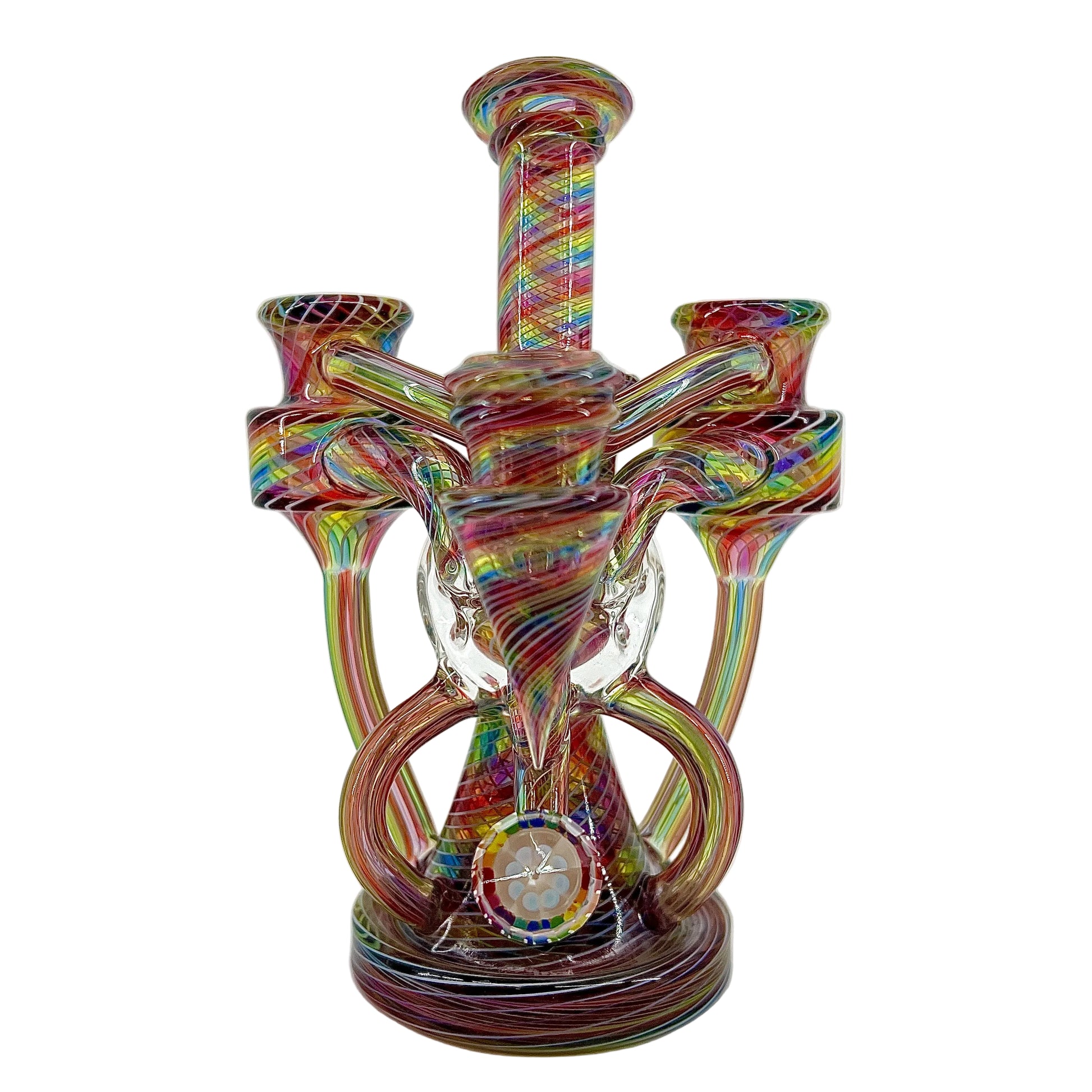 Multicolored glass smoking device on a white background.