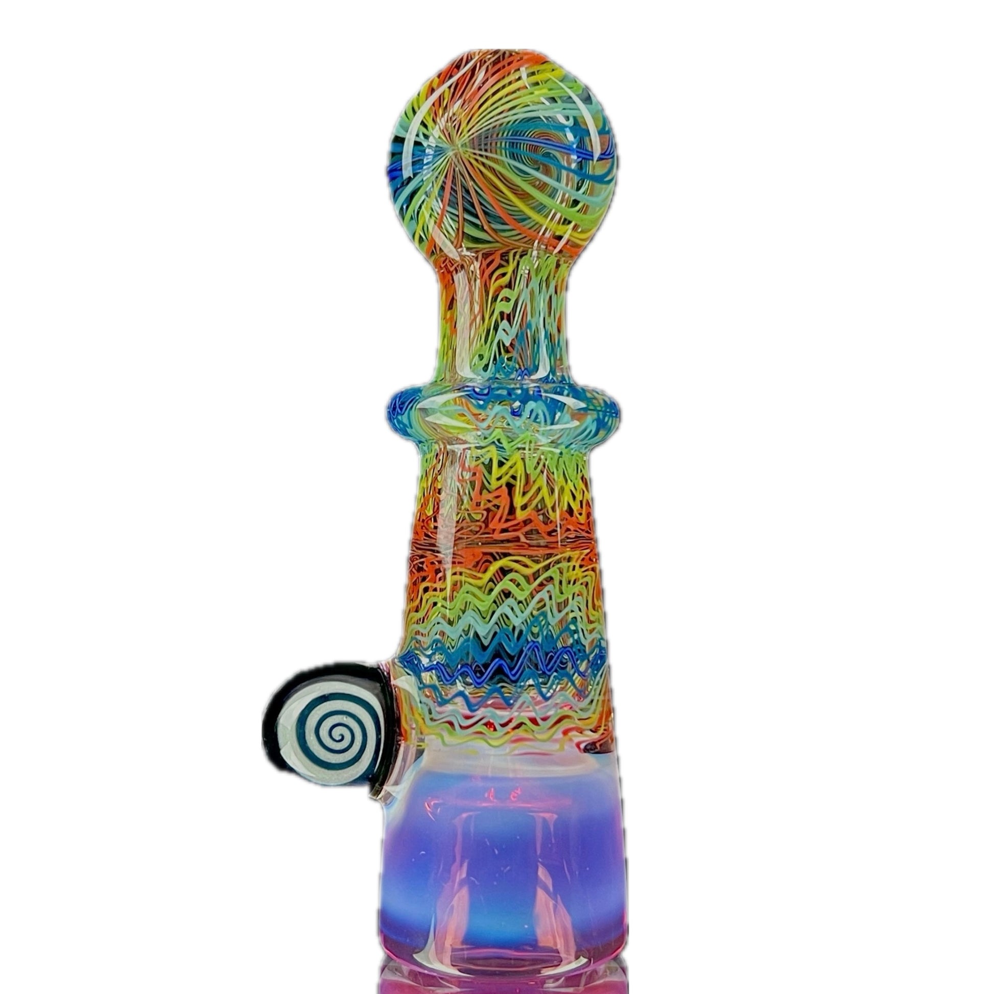 A multicolored glass piece with an intricate pattern, featuring a bowl on the bottom and a Gold Ruby over Moonstone lip.