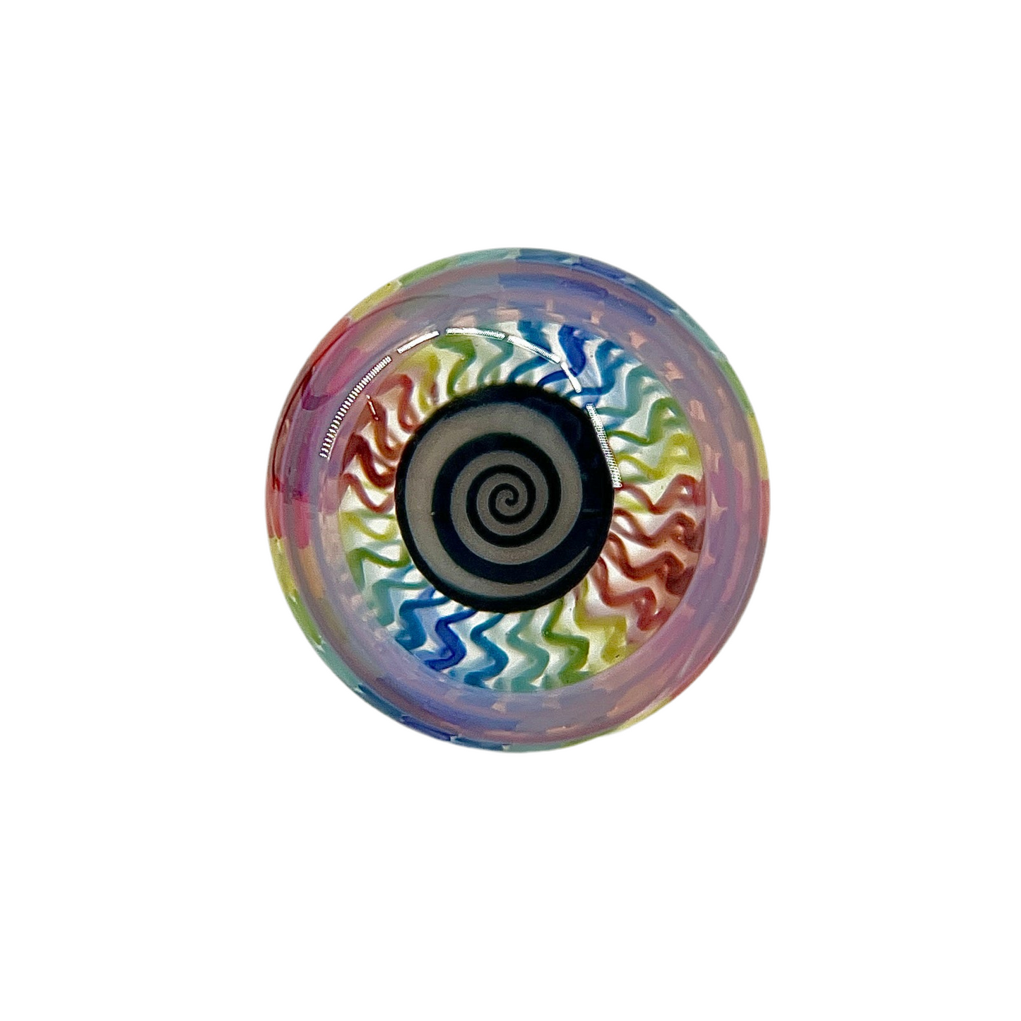 A multicolored spiral pattern marble with a predominantly black center and radiating swirls of blue, red, and green.