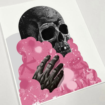 Art print with a skull and praying hands surrounded by pink smoke on a white background.