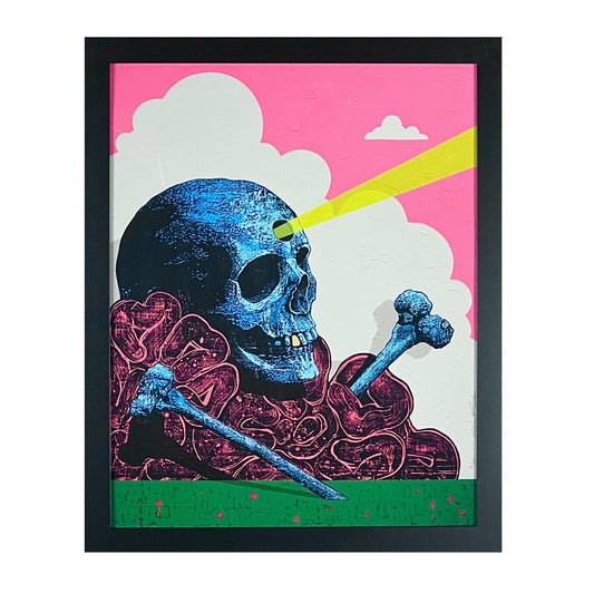 Framed artwork with a blue skull, bones, and pink background