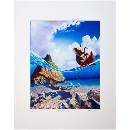 A framed artwork featuring a painting with a fantasy theme, including an elephant, a boat, and a sea turtle in an underwater setting with a blue sky above.