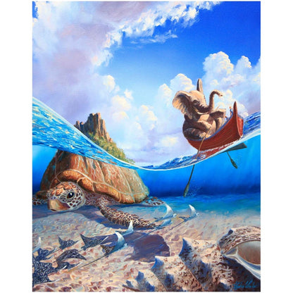A framed artwork featuring a painting with a fantasy theme, including an elephant, a boat, and a sea turtle in an underwater setting with a blue sky above.