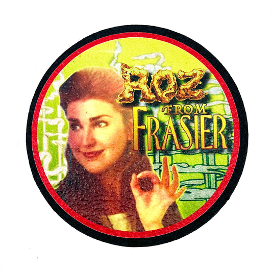 Circular mat with a woman's face and 'Roz from Frasier' text on a yellow background.