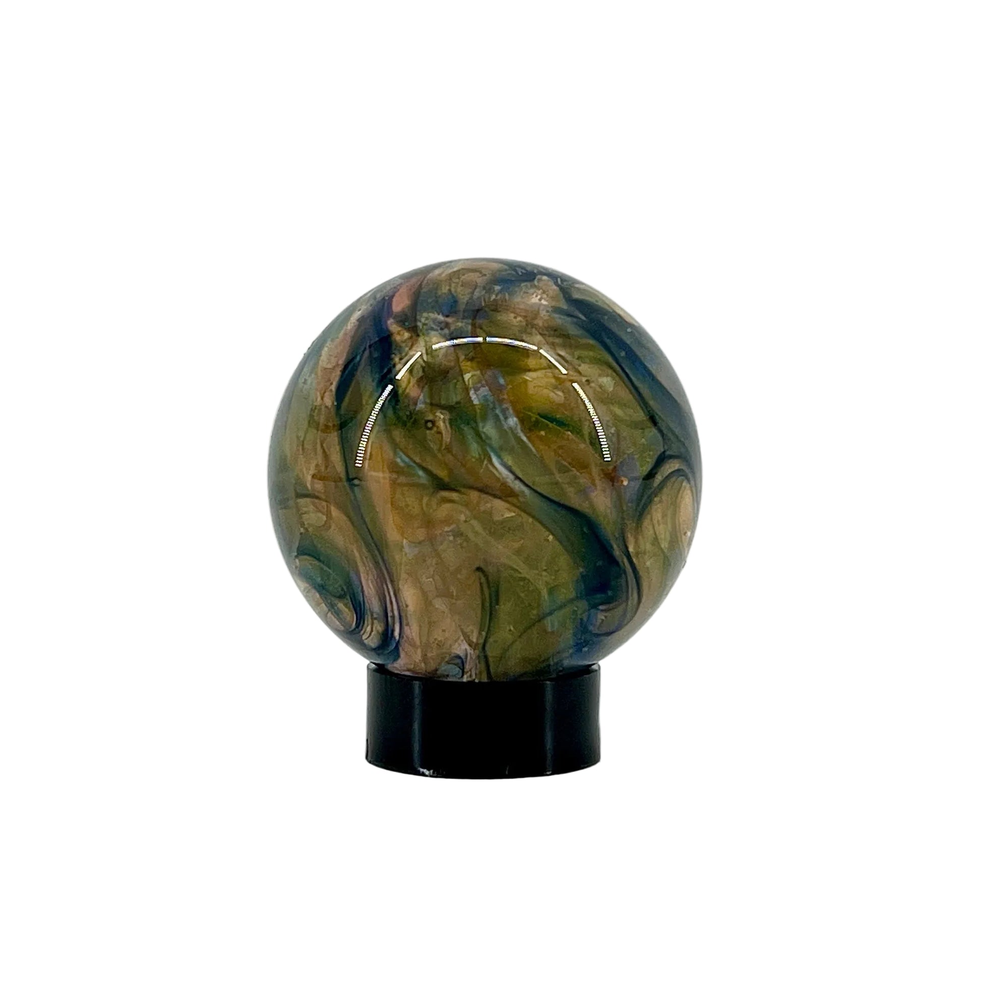 Marbled green and brown sphere on a black stand against a white background