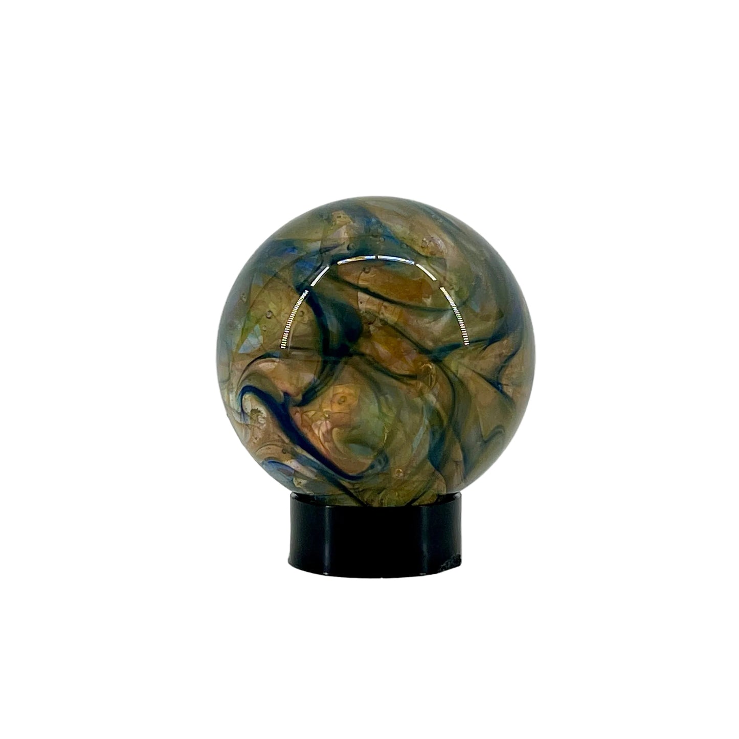 Marble-like sphere on a stand against a white background