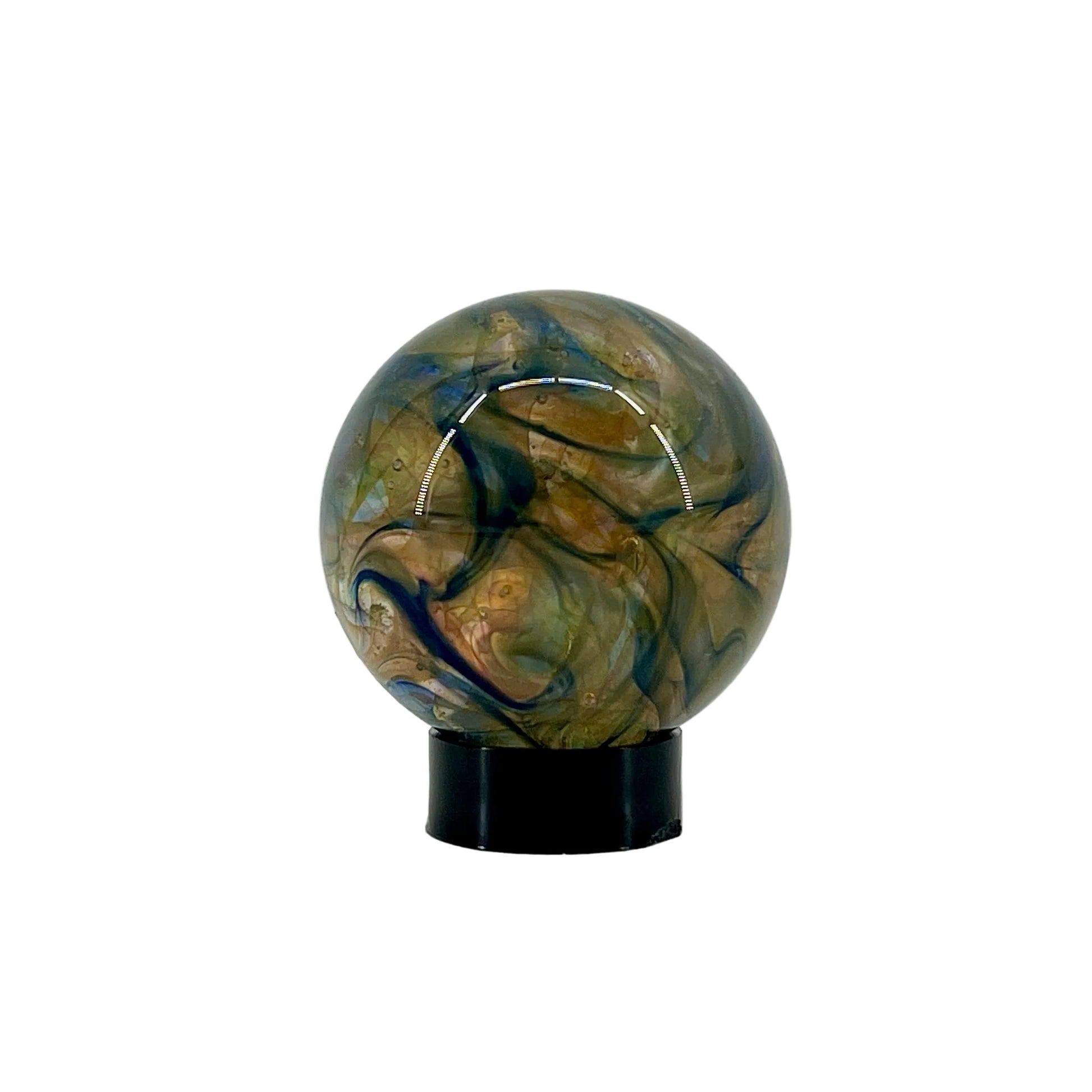Marble-like sphere on a stand against a white background