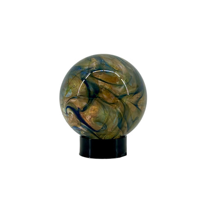 Marble-like sphere on a stand against a white background