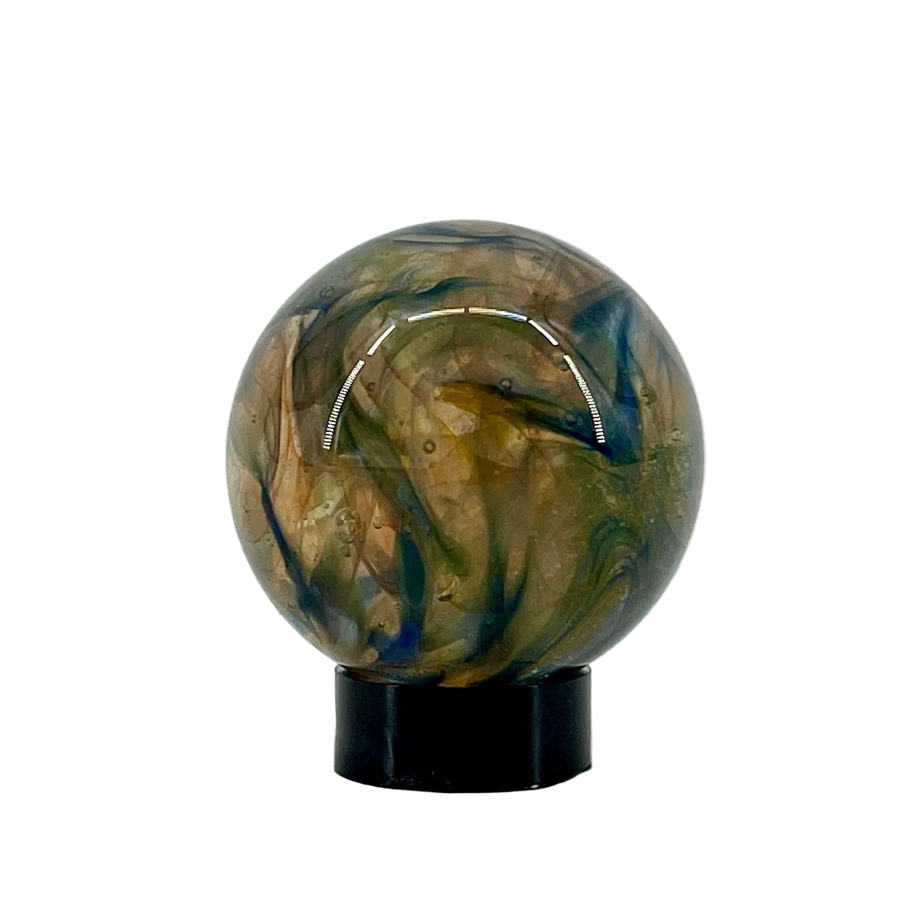 Marbled sphere on a stand against a white background
