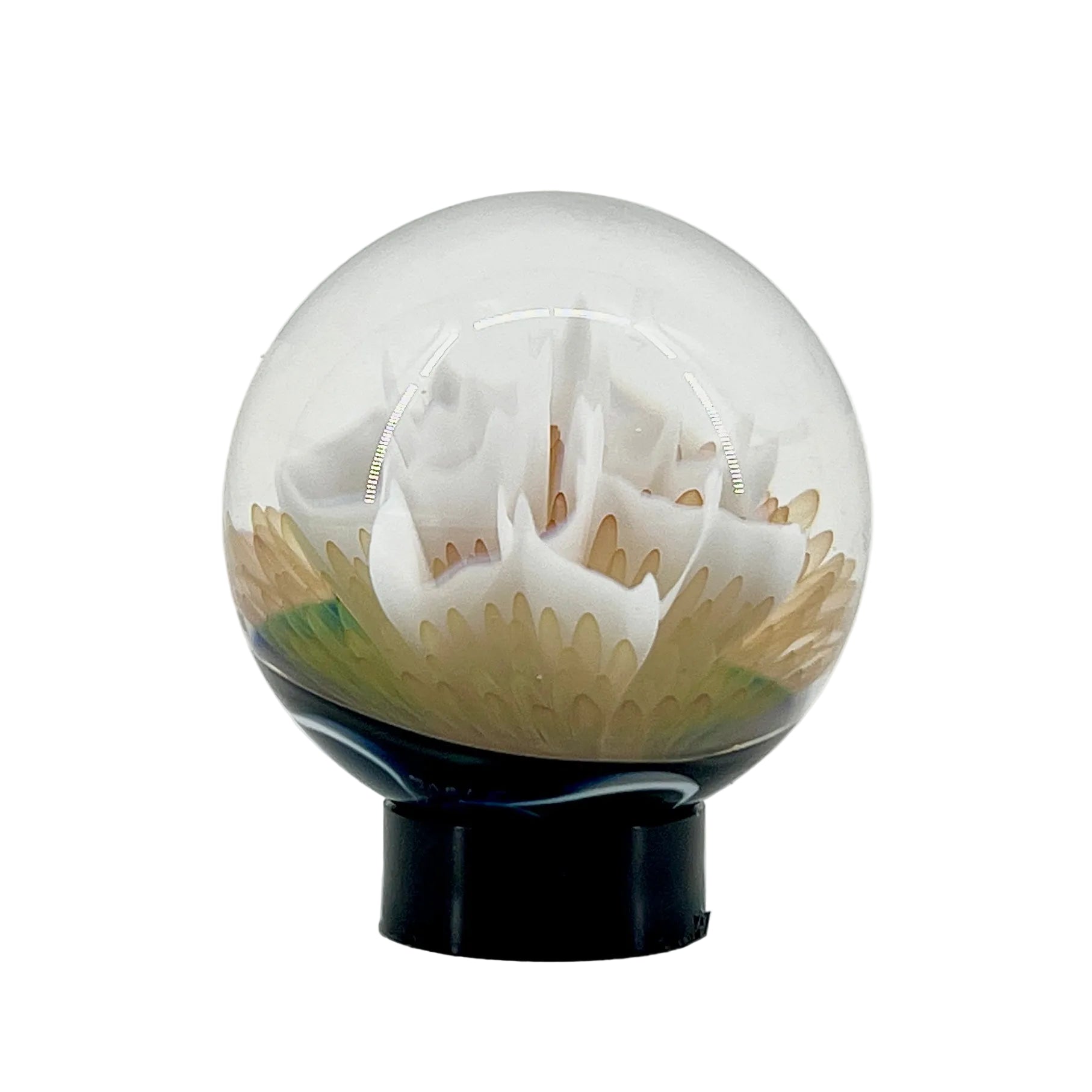 Spherical glass marble on a white background.