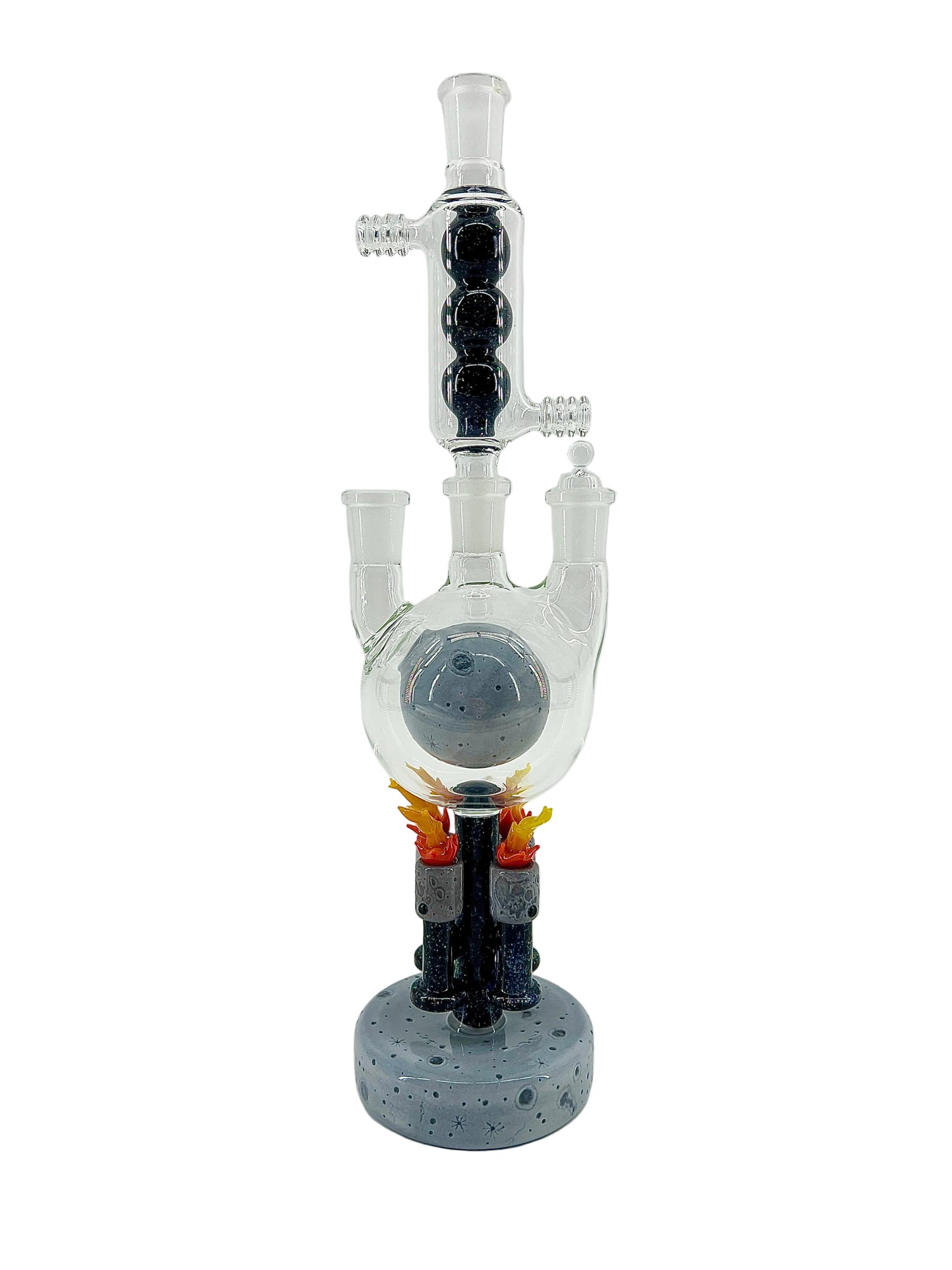 Glass water pipe with sculpted moon base on a white background.