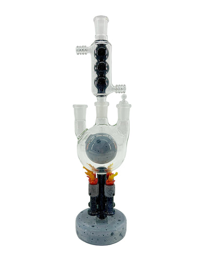Glass water pipe with sculpted moon base on a white background.