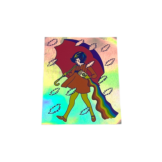 Colorful illustration of a character with an umbrella and rainbow tail on a watercolor background.