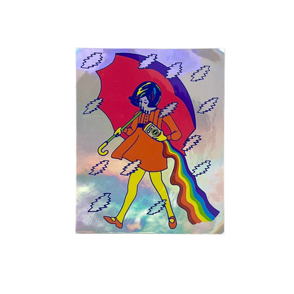 Colorful illustration of a character with a red umbrella and rainbow tail against a pastel sky.