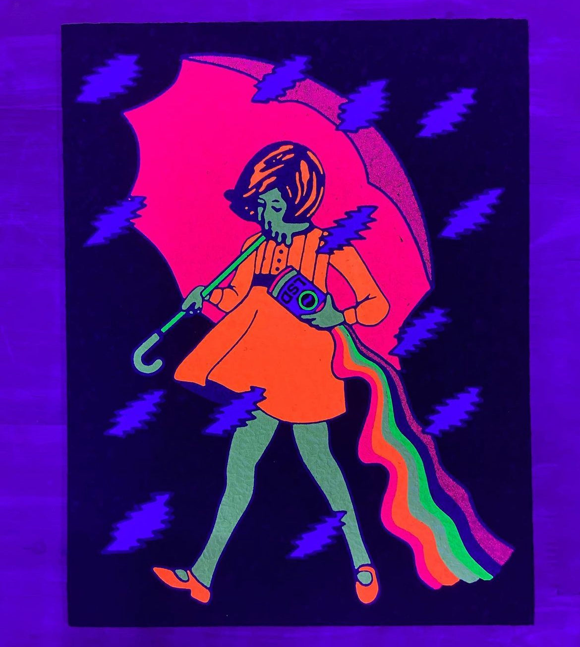 A colorful mat featuring an illustrated character with a red dress and umbrella, against a black background with lightning bolts.