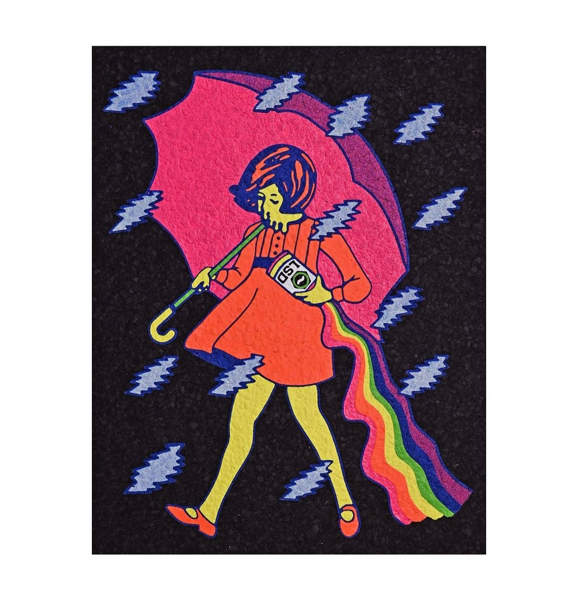 A colorful mat featuring an illustrated character with a red dress and umbrella, against a black background with lightning bolts.