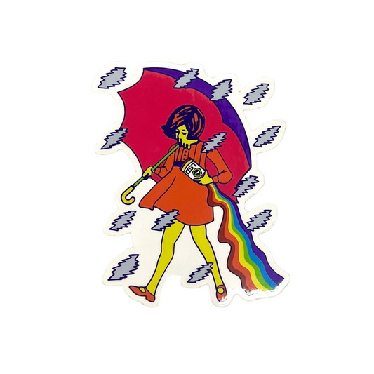 Colorful illustration of a character with a rainbow tail and red umbrella on a white background.