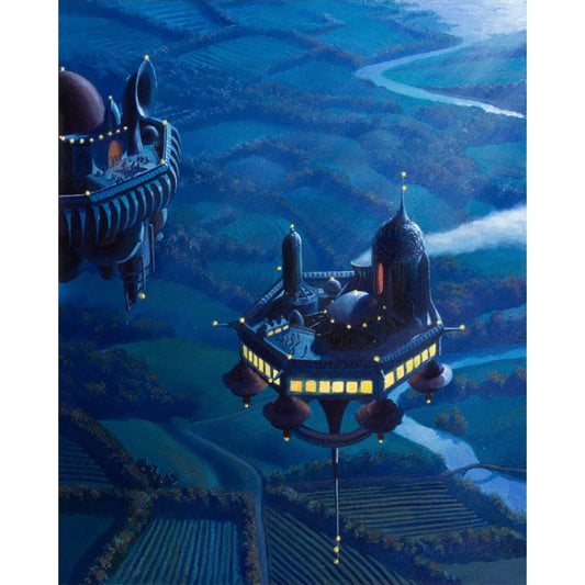 A fantasy painting of a floating city with a dragon-like creature in the foreground, created by Stephen Wheeler Studio.
