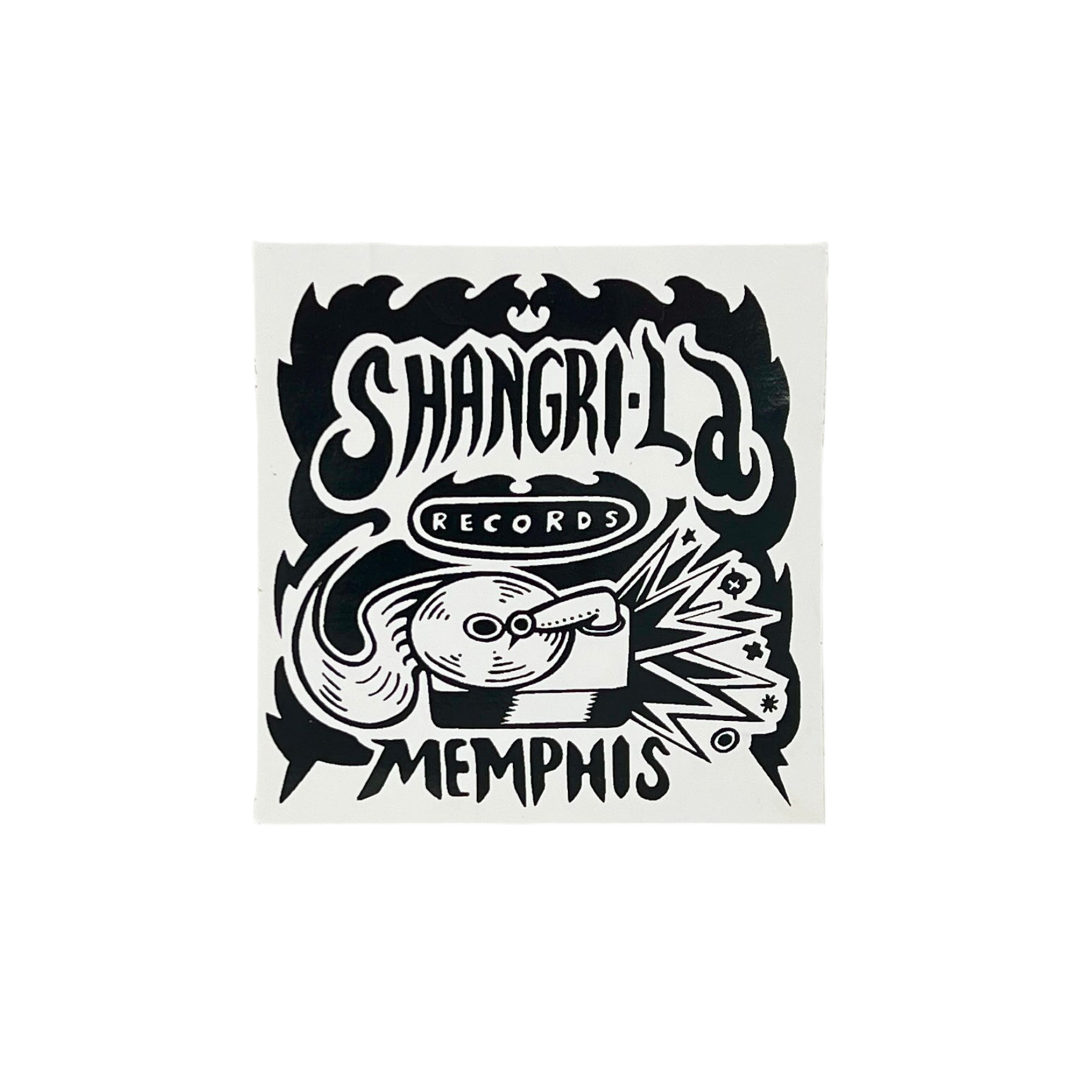 Shangri-La Records logo sticker with a black and white design on a white background.