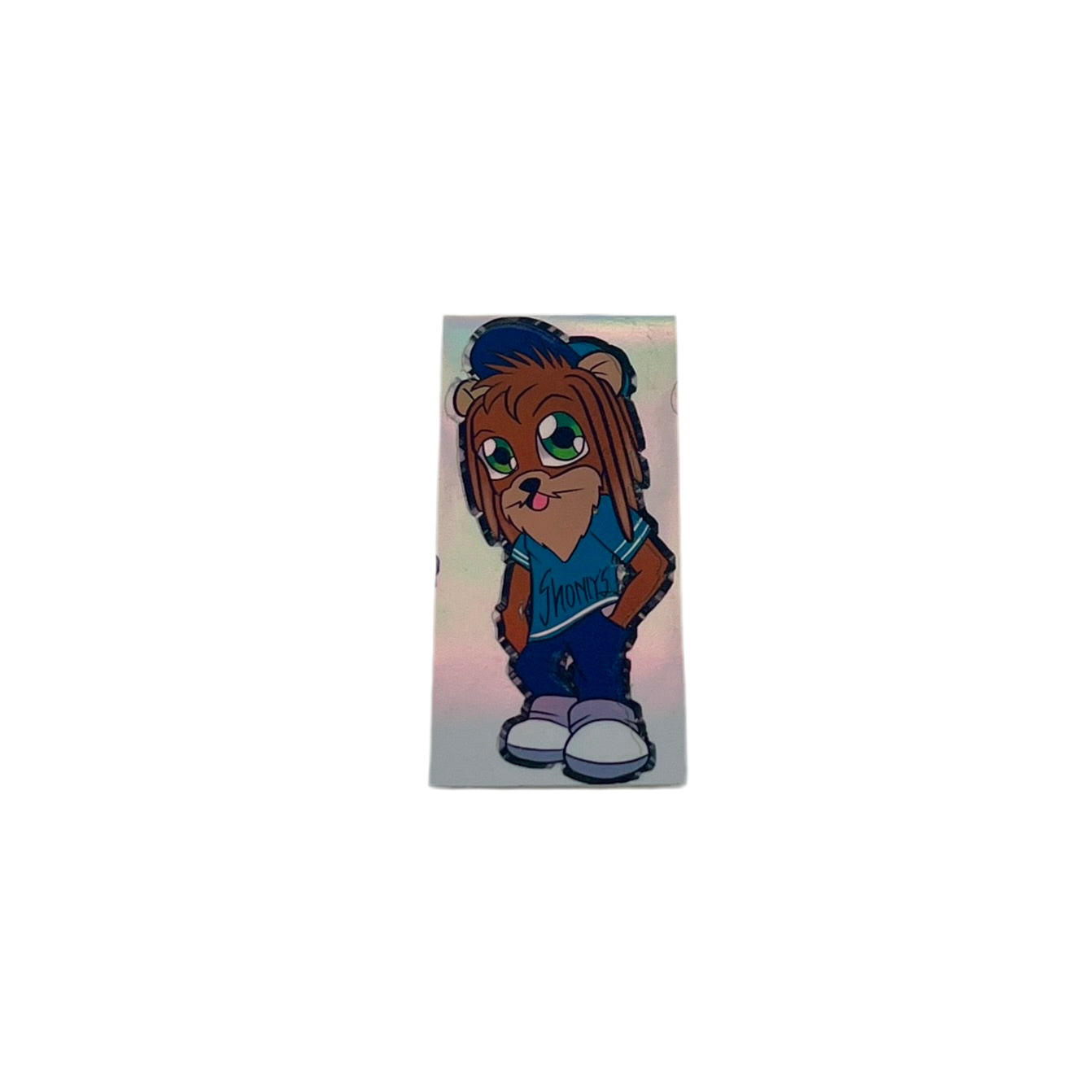 Cartoon character with brown hair and blue accents on a white background