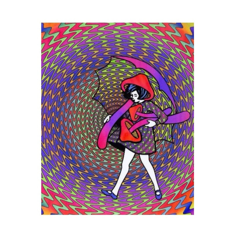 Colorful artwork of a character with an umbrella on a swirling patterned background.
