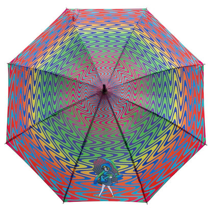 Colorful umbrella with a pattern on a white background.