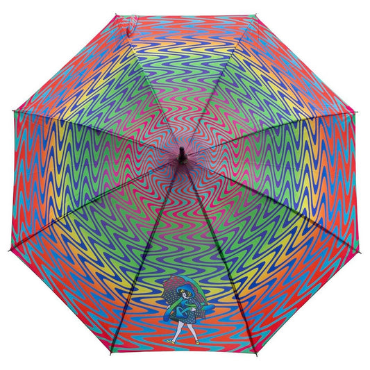 Colorful umbrella with a pattern on a white background.