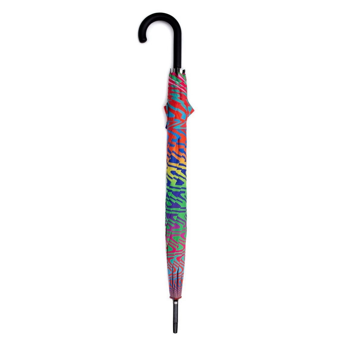 Colorful patterned umbrella with a black handle on a white background.