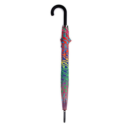 Colorful patterned umbrella with a black handle on a white background.