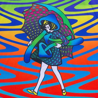 Colorful abstract pattern with a stylized figure holding an umbrella.