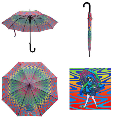 Colorful umbrella with abstract design on a white background.