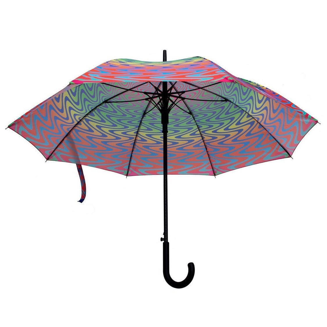 Colorful umbrella with a black handle on a white background.