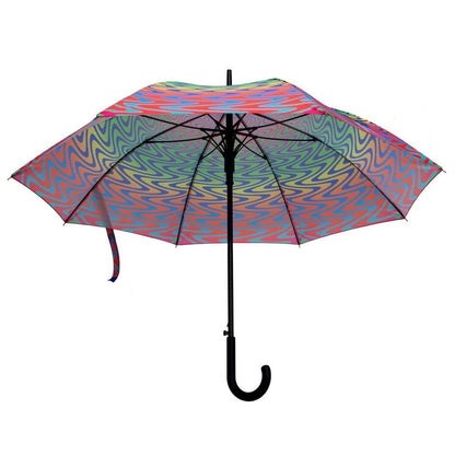 Colorful umbrella with a black handle on a white background.