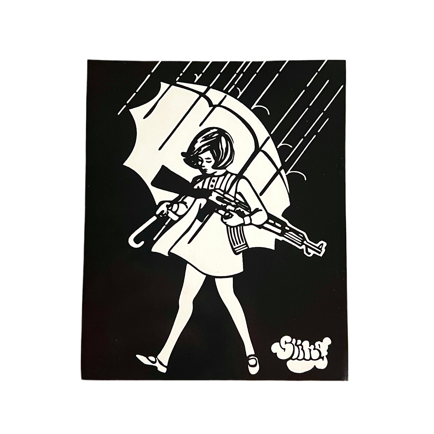 Black and white illustration of a woman holding an umbrella with a gun, on a black background.