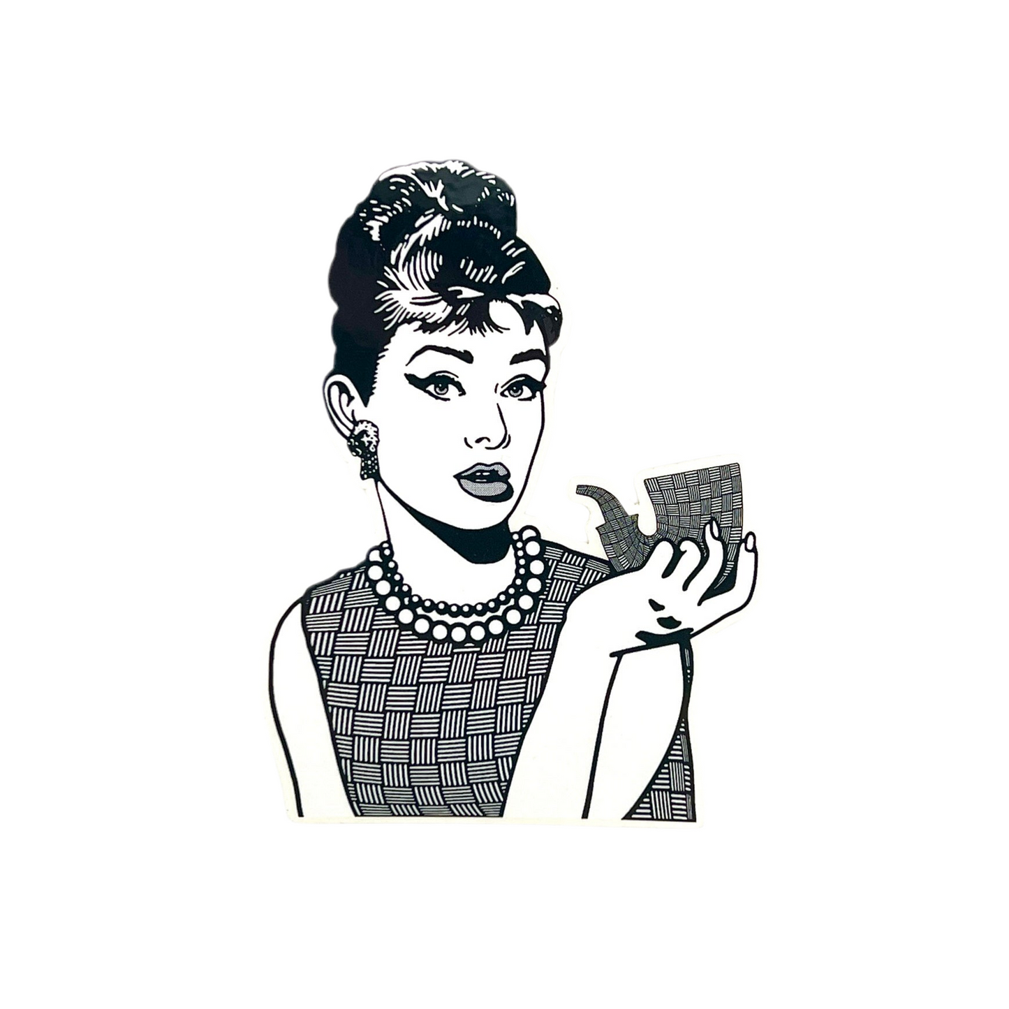 Black and white illustration of a woman holding a pipe on a white background.