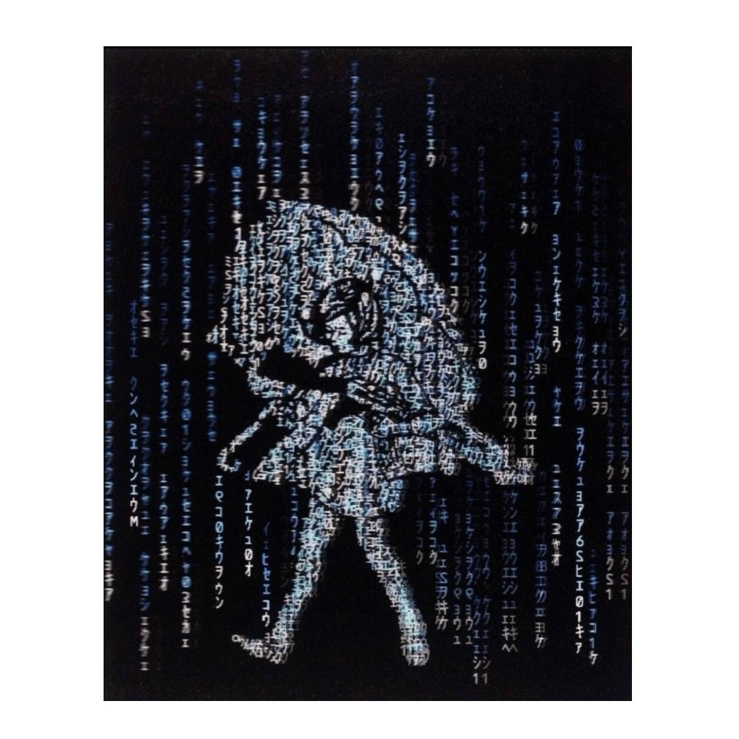 A lenticular print featuring a blue character in an assaulter pose with a background of cascading text, creating a 3D visual effect.