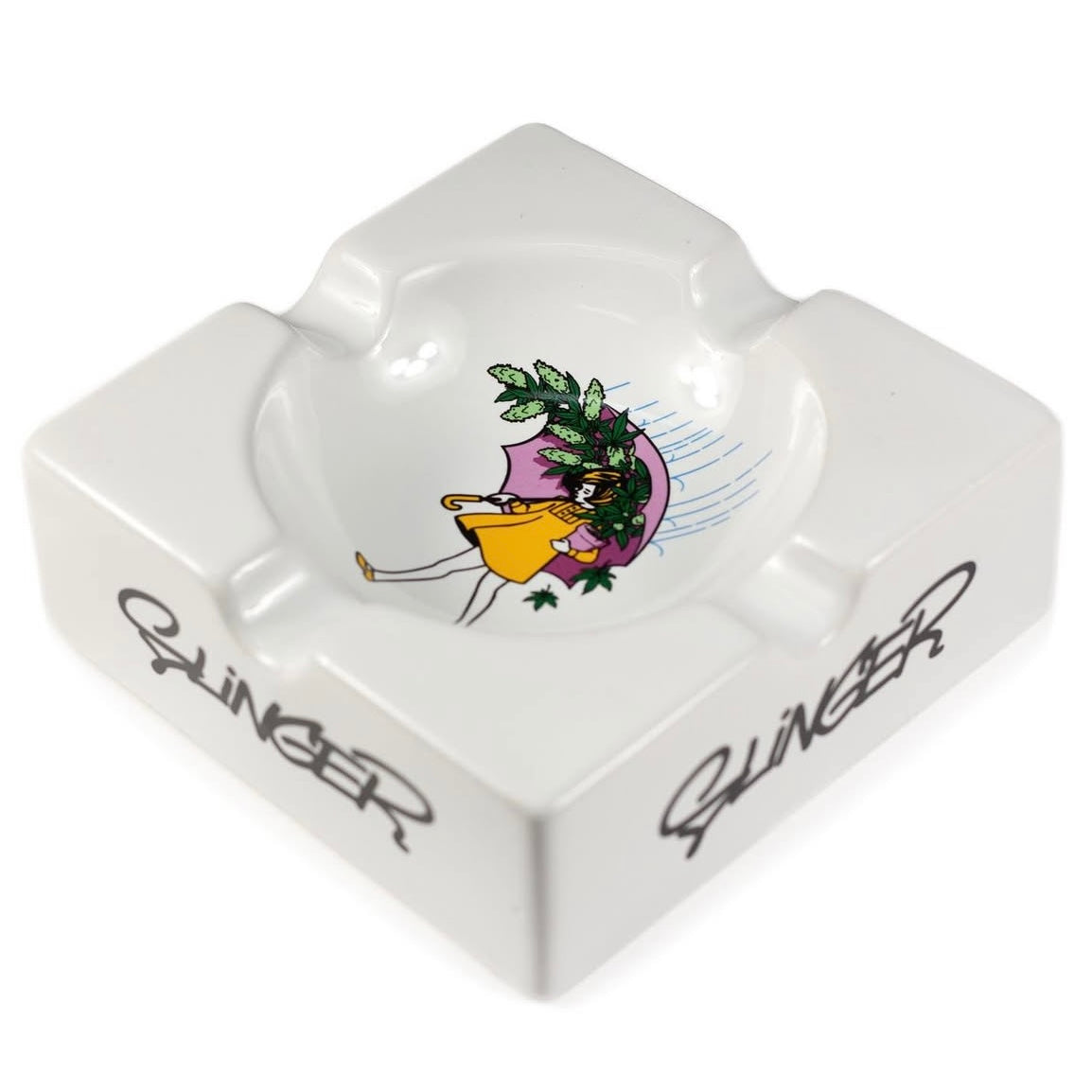 White ceramic ashtray with a decorative design and 'Slinger' branding on a white background.