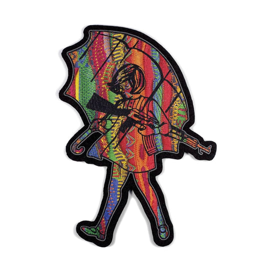 Slinger moodmat depicting a woman with a gun and an umbrella, all covered in a tie-dye pattern.