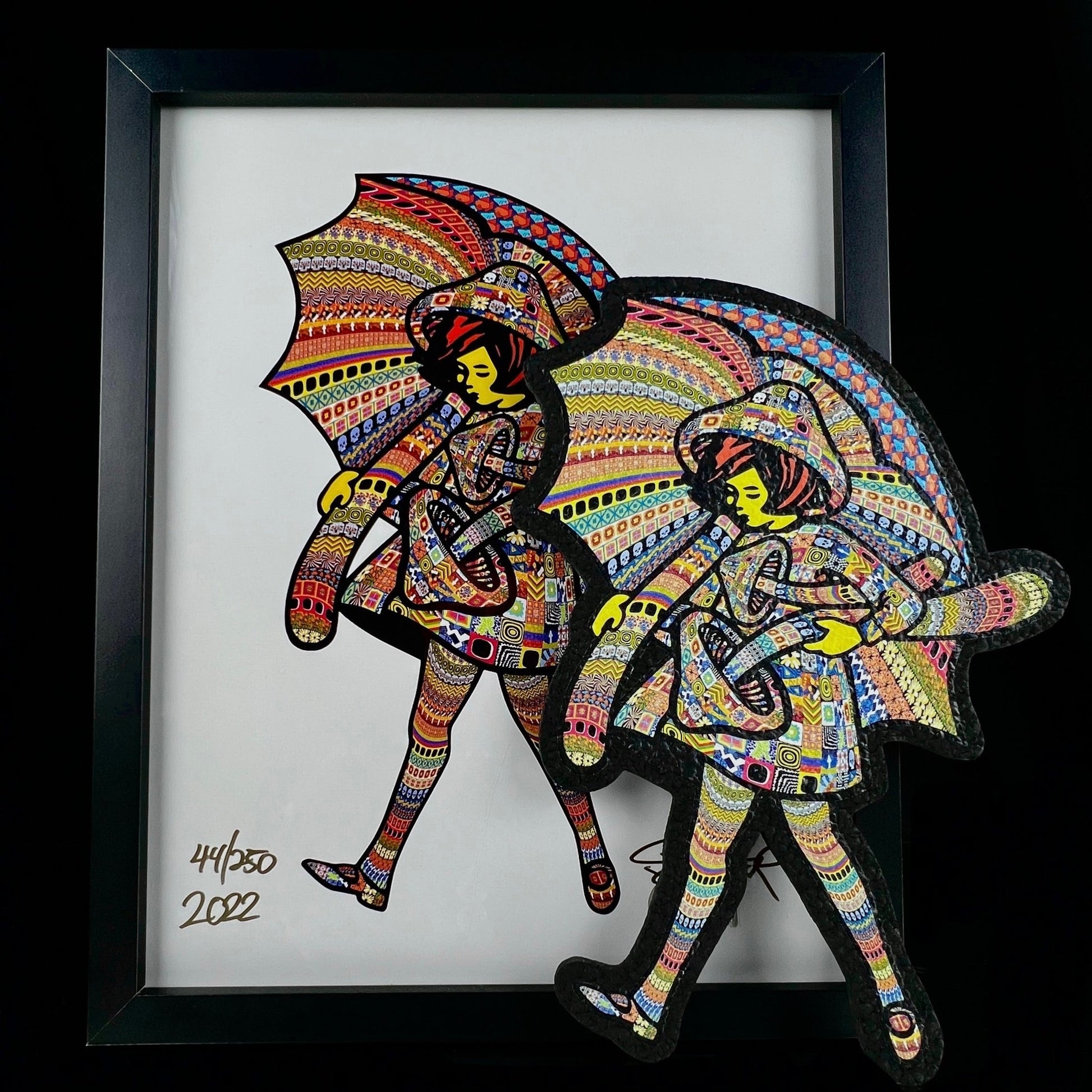 A colorful, geometric artwork print depicting two figures under umbrellas, with intricate patterns and the signature 'Pyroscopic 2022' at the bottom.
