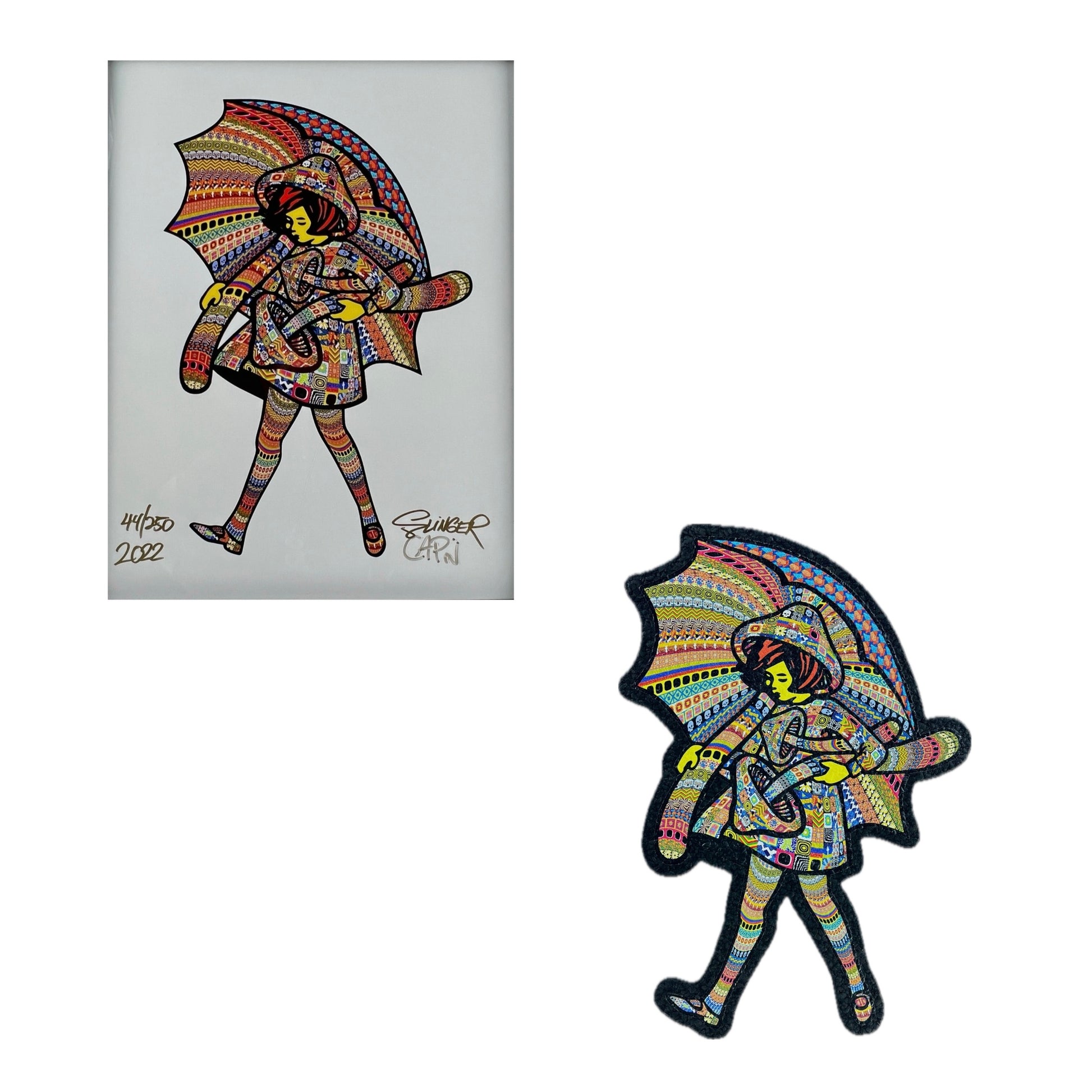 A set consisting of a print and a moodmat featuring a colorful character design. The character is depicted holding an umbrella and wearing a hat.