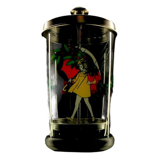 A cleaning station featuring an illustration of a character holding a green umbrella, with a predominantly black and green color scheme.