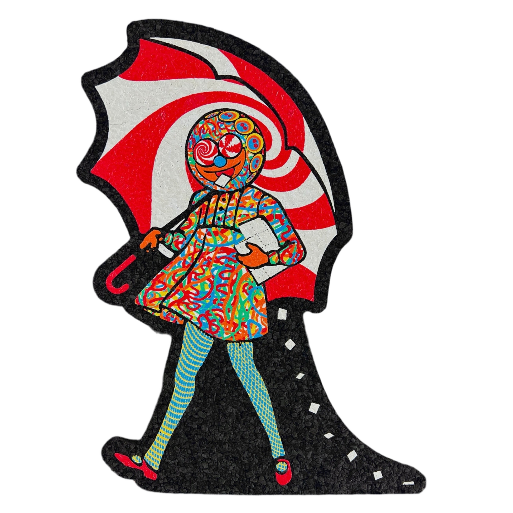 A colorful mat featuring an illustrated character with a colorful design and a red and white striped background.