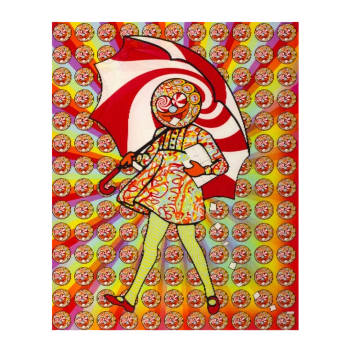 A colorful lenticular print featuring a stylized, whimsical character with a red umbrella, yellow pants, and a patterned dress, set against a vibrant multicolored background.