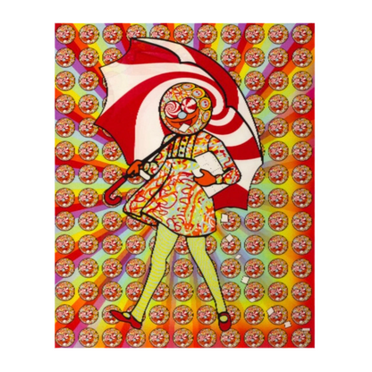 A colorful lenticular print featuring a stylized, whimsical character with a red umbrella, yellow pants, and a patterned dress, set against a vibrant multicolored background.