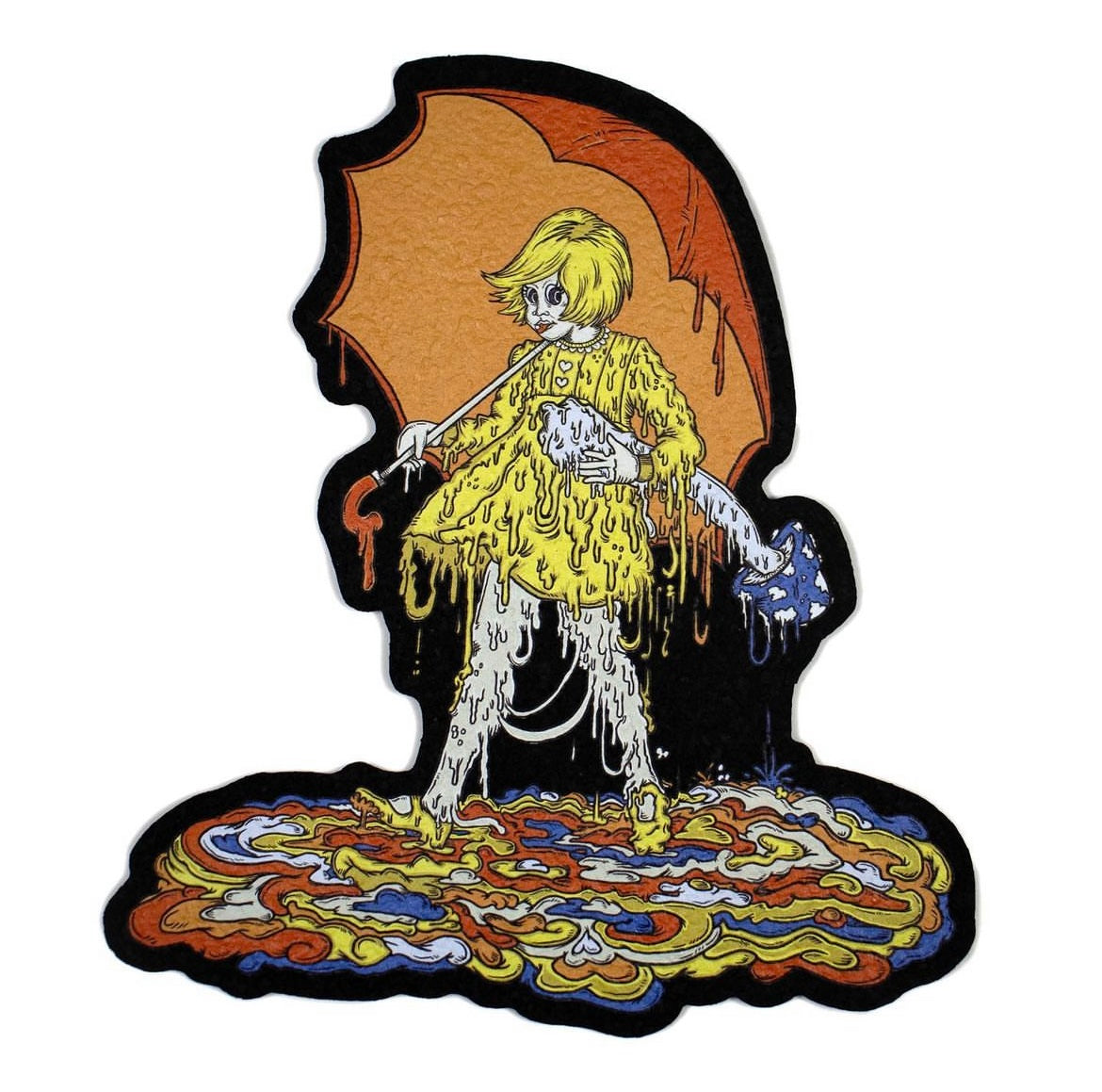 A colorful mat featuring an illustrated character with a yellow and orange palette, resembling a shroom with a female figure.