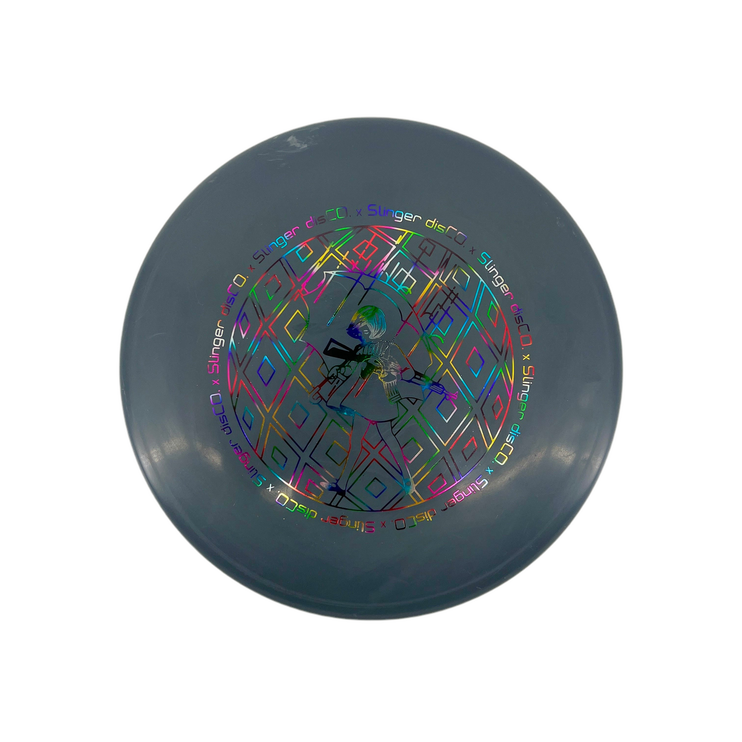 Gray disc with colorful geometric pattern on a white background.