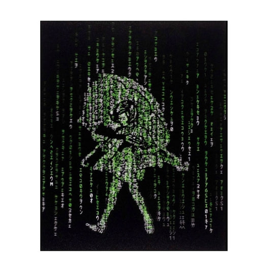 A lenticular print featuring a green character in a matrix-like code against a black background, with a silhouette of a girl.