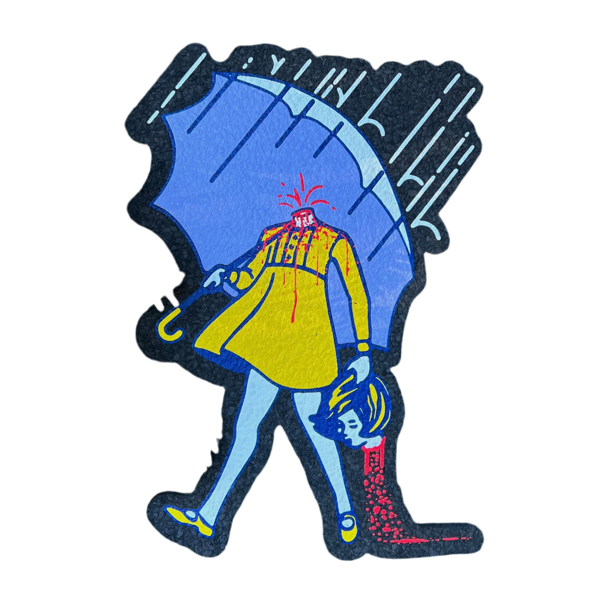 A decorative door mat featuring a cartoonish character with a yellow dress and a blue head.